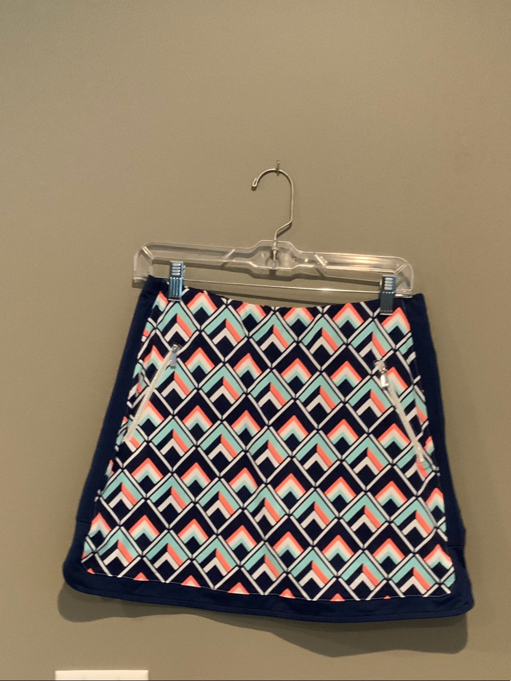 Tail Geo-Print A-Line Skirt in Navy, Coral & Aqua